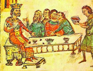 Пиршеството на кан Крум след победата над император Никифор I - миниатюра от българския превод на Манасиевата летопис,  XIV век