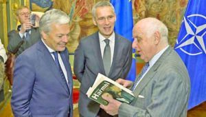 Event at the Egmont Palace in Brussels, organized by the Belgian Ministry of Foreign Affairs to commemorate the 50th anniversary of the publication of the Harmel Report. Didier Reynders, Minister of Foreign Affairs of Belgium with NATO Secretary General Jens Stoltenberg and Count Etienne Davignon, former attache of former Belgian Prime Minister Pierre Harmel