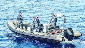 Croatian boarding team aboard a rigid-hulled inflatable boat at sea, during Operation Sea Guardian. NATO Operation Sea Guardian is a standing Maritime Security Operation to deter and counter terrorism and other threats to Allied maritime security across the Mediterranean Sea and to provide maritime situational awareness.