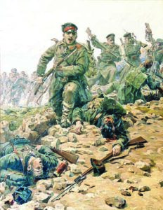 Прочутата картина на Вешин 'Атака' ('На нож'). Боецът в центъра атакува с 'Манлихер' 1895, а пушката долу на преден план е 'Маузер' (на въоръжение в турската армия).