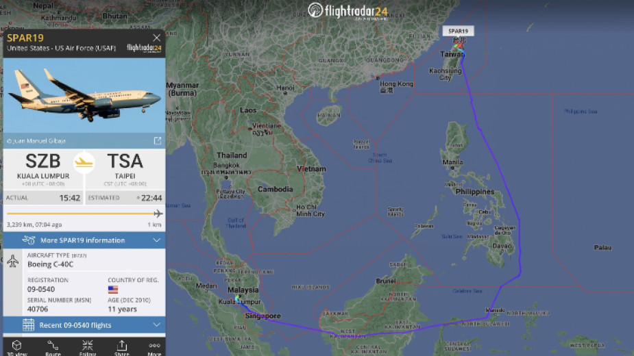 Полетът на Нанси Пелоси до Тайван беше най-следеният в историята чрез Flightradar24