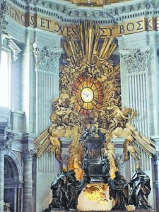 Органът в базиликата 'Свети Петър', чиито тръби са разположени под формата на слънчеви лъчи, и тронът на апостола