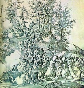 Второто сражение - фрагмент от литография на Хенрих Дембицки. Случайно или не, полският художник е 'хванал' стратегическата позиция на четата в Карапановата кория