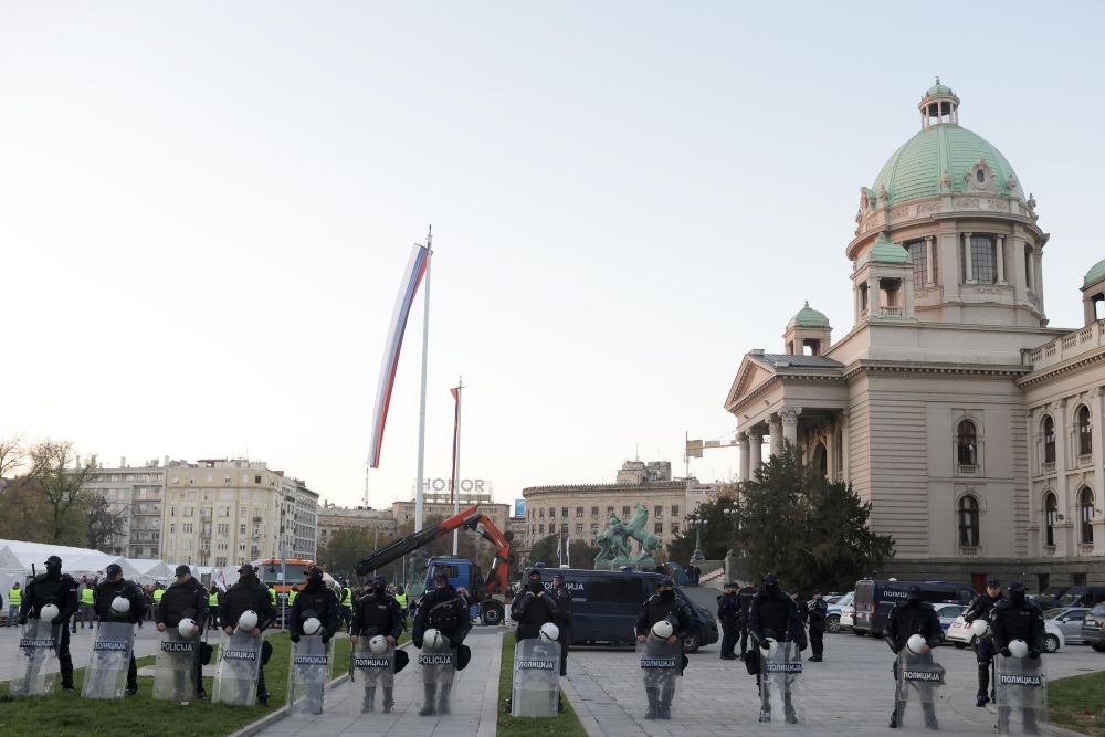 Parliament building during a protest in Belgrade