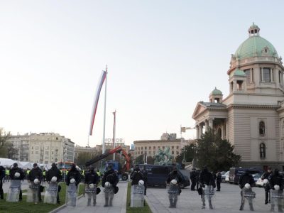 Parliament building during a protest in Belgrade